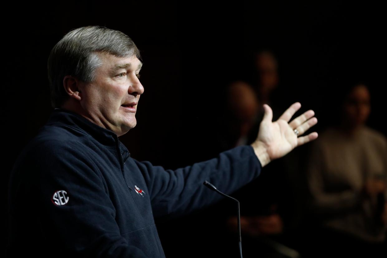 Georgia coach Kirby Smart speaks to the media on the first day of spring football practice in Athens, Ga., on Tuesday, March 14, 2023. 