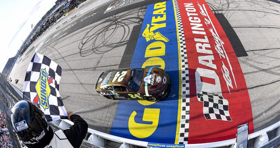 william byron crosses the finish line at darlington