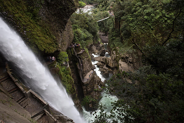 <strong>Pailon del Diablo Waterfall, Ecuador</strong> Translated to English, the name means the “Devil’s Cauldron” so it is no wonder that these steep steps, slick with water from the adjacent waterfall make this list. The stairs themselves are made of smooth oversize pebbles with very little traction so visitors need to hold on tight.