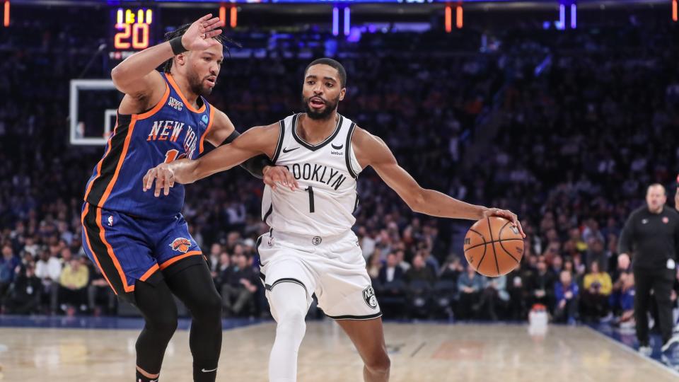 Mar 23, 2024; New York, New York, USA; Brooklyn Nets forward Mikal Bridges (1) looks to drive past New York Knicks guard Jalen Brunson (11) in the first quarter at Madison Square Garden. Mandatory Credit: Wendell Cruz-USA TODAY Sports