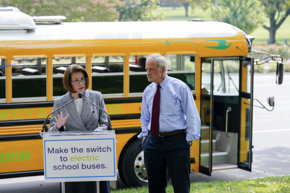 Sen. Catherine Cortez Masto, D-Nev., left, speaks alongside Sen. Tom Carper, D-Del., at a news conference to advocate for additional investments in zero-emission school buses on Capitol Hill in Washington, Tuesday, Sept. 14, 2021. (AP Photo/Patrick Semansky)