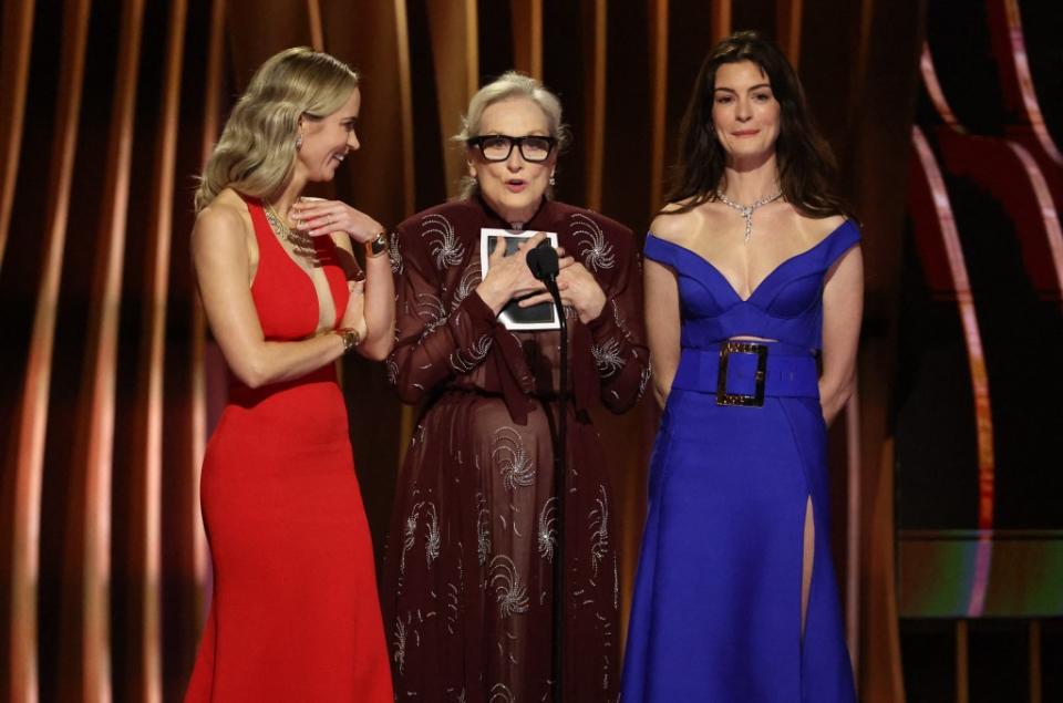 Emily Blunt, Meryl Streep and Anne Hathaway had a “Devil Wears Prada” reunion onstage at the SAG Awards. REUTERS