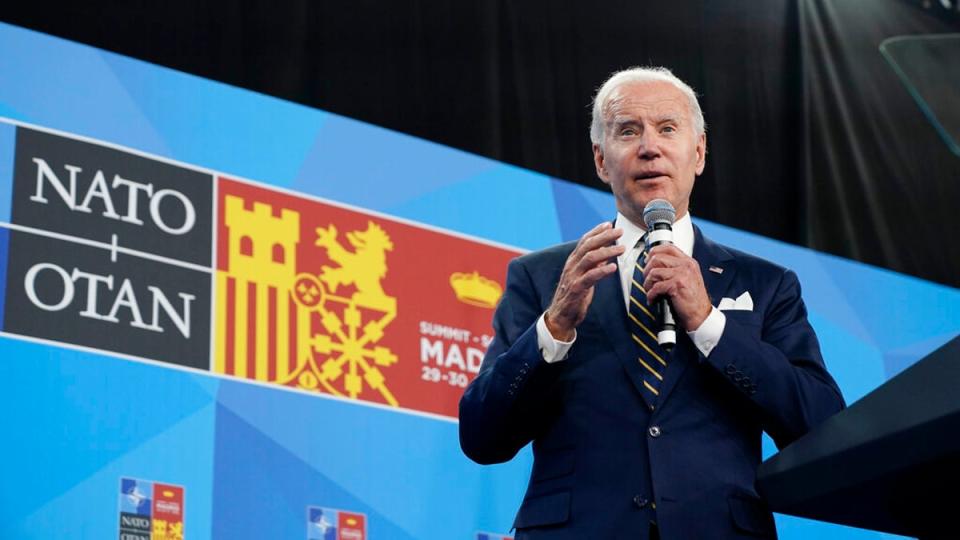 President Joe Biden speaks during a news conference on the final day of the NATO summit in Madrid, Thursday, June 30, 2022. (AP Photo/Susan Walsh) (AP)