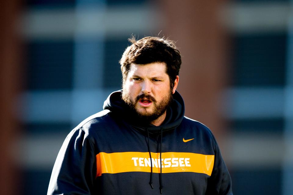 Tennessee tight ends coach Brian Niedermeyer calls during Tennessee fall football practice at Haslam Field in Knoxville, Tennessee on Wednesday, October 17, 2018.