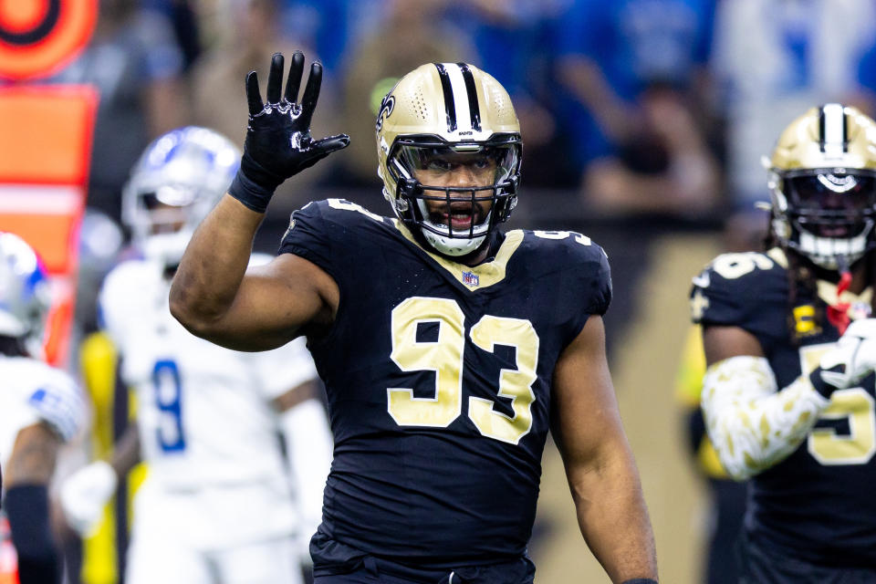 Dec 3, 2023; New Orleans, Louisiana, USA; New Orleans Saints defensive tackle Nathan Shepherd (93) against the Detroit Lions during the first half at Caesars Superdome. Mandatory Credit: Stephen Lew-USA TODAY Sports