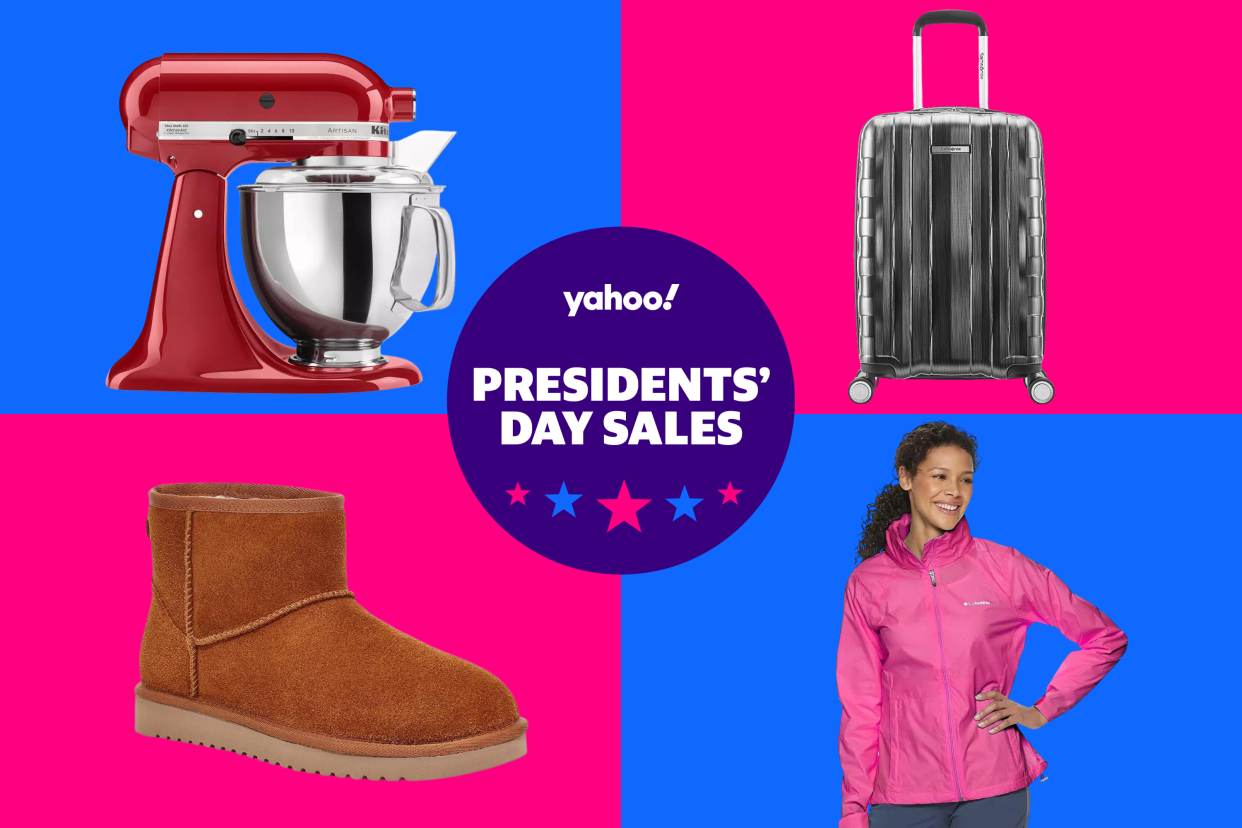 silver samsonite suitcase, red KitchenAid mixer, ugg boots, and woman wearing a pink jacket