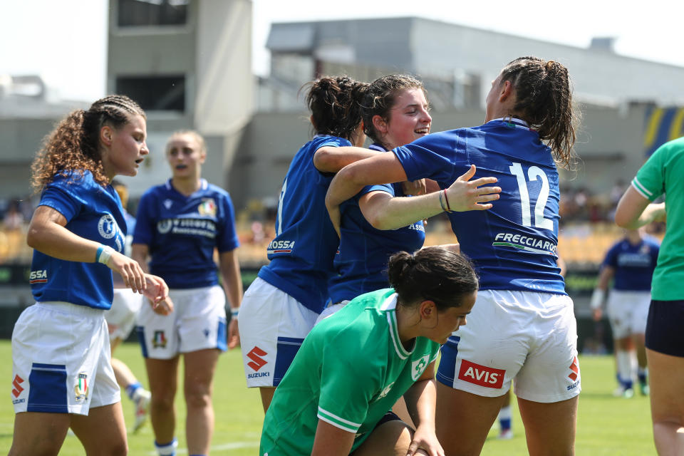 Italy’s Martina Busana celebrates scoring a try with Giada Corradini during the Six Nations Women's Summer Series