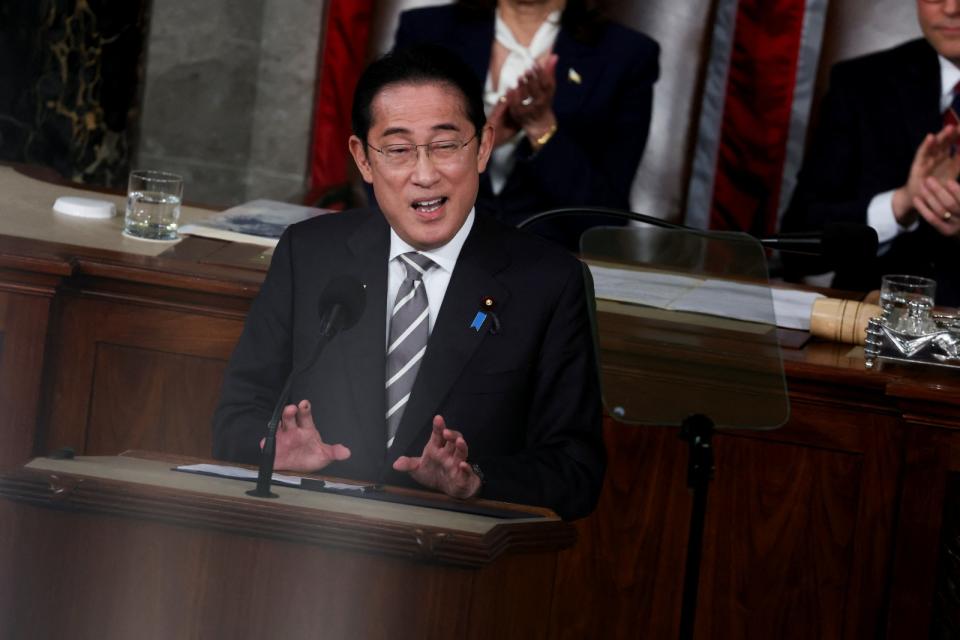 日本首相岸田文雄於4 月11日在美國華盛頓國會大廈舉行的國會聯席會議上發表演說。路透社