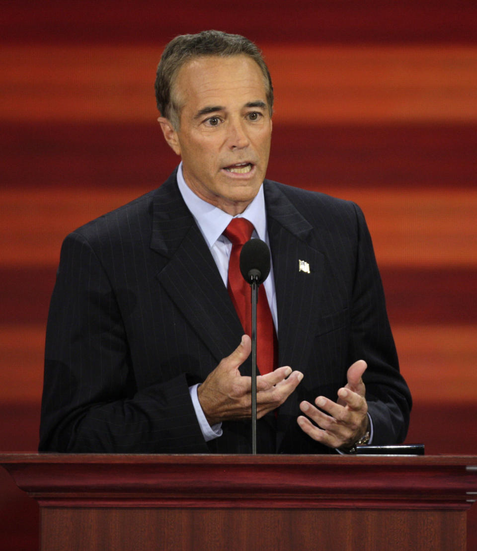 FILE - In this Sept. 3, 2008, file photo, Chris Collins, of Buffalo, N.Y., speaks at the Republican National Convention in St. Paul, Minn. Collins will remain on the November ballot despite previously suspending his campaign amid an insider trading indictment. (AP Photo/Ron Edmonds, File)