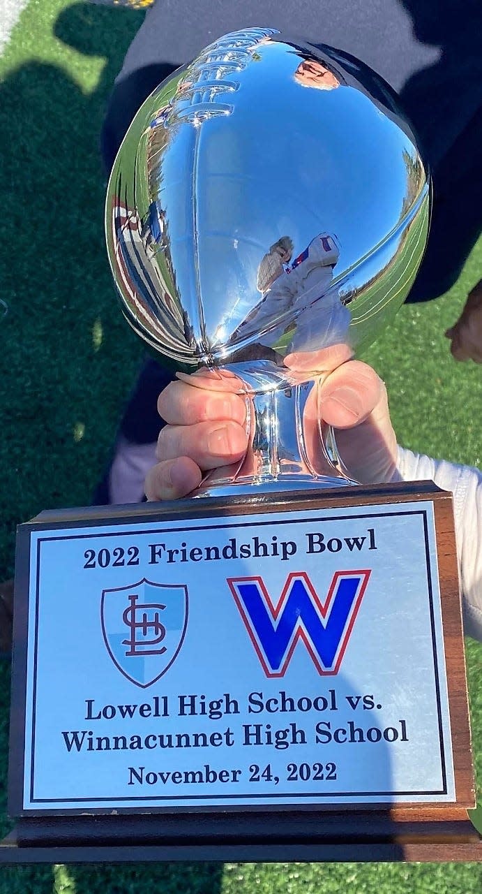 The Winnacunnet High School football team beat Lowell (Massachusetts), 8-7 on Thanksgiving morning at the inaugural Friendship Bowl at Edward D. Cawley Memorial Stadium in Lowell.