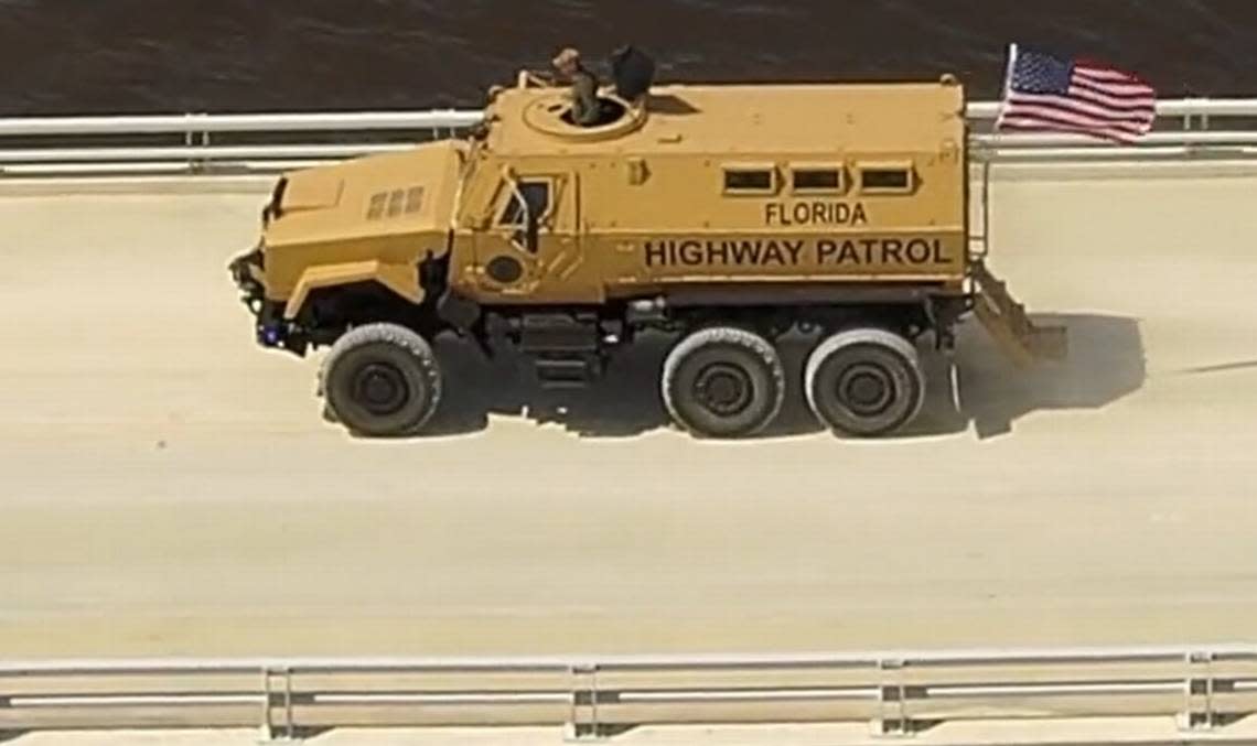 A Florida Highway Patrol truck crosses the Sanibel Causeway on Oct. 11, 2022, after the bridge was repaired enough to allow service workers, like FPL, access to Sanibel to begin the restoration process. The bridge will open for public access on Oct. 21, Gov. Ron DeSantis said.