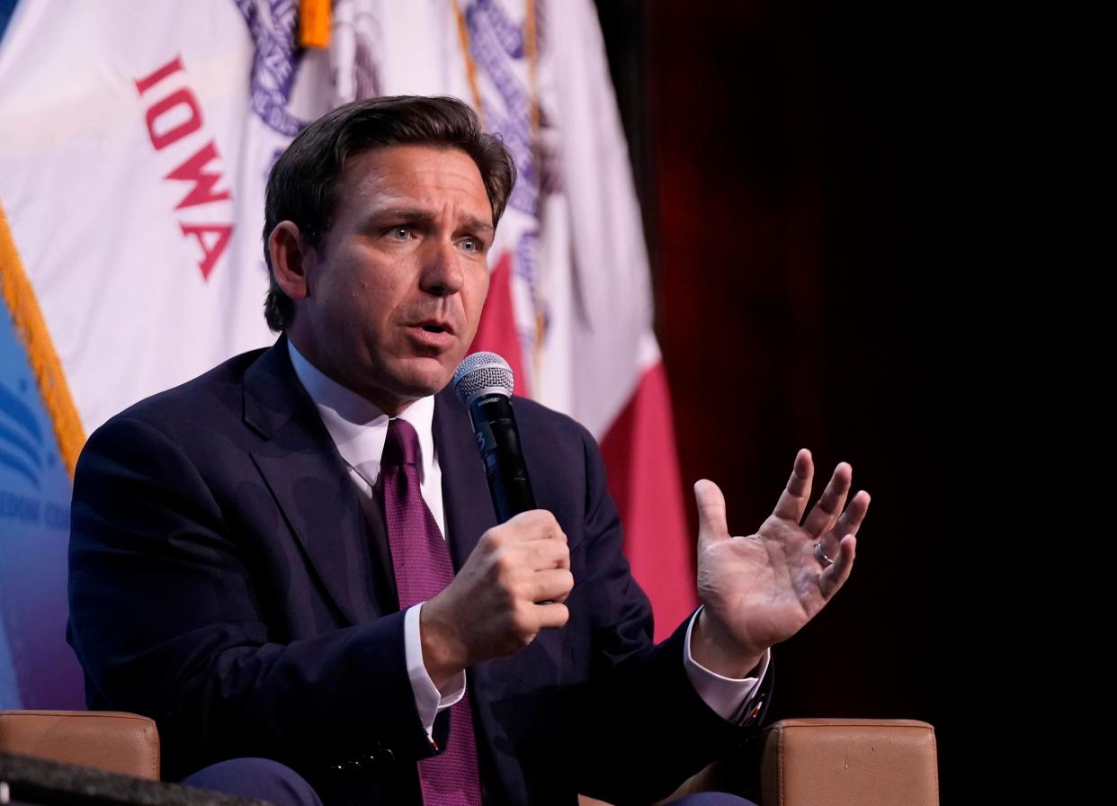 Gov. Ron DeSantis, who has not acted on more than 40 ethics cases for, in some cases, two years or more, campaigns for president at the Iowa Faith & Freedom Coalition's fall banquet on Sept. 16 in Des Moines, Iowa.