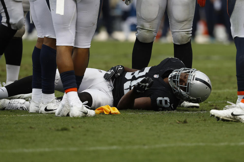 Raiders wide receiver Amari Cooper took a nasty hit on Sunday against the Seattle Seahawks that sent him to the locker room. (Getty Images)