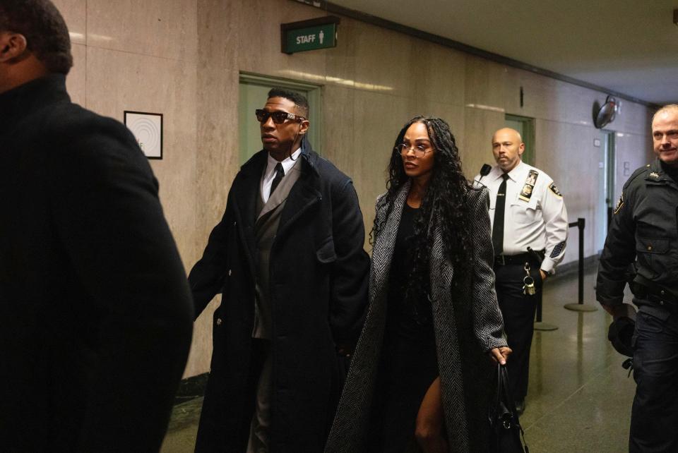 Jonathan Majors and Meagan Good inside Manhattan Criminal Court on Nov. 29, 2023 to attend his domestic violence trial.
