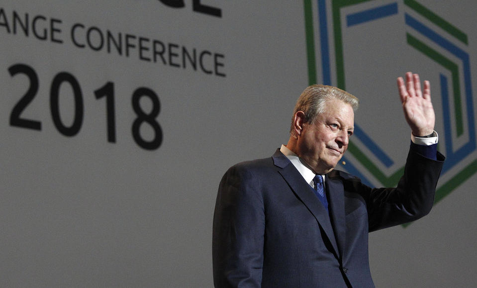 Former U.S vice president and climate activist Al Gore makes a speech to participants in a U.N. climate summit that is to work out ways of keeping global warming in check, in Katowice, Poland, Wednesday, Dec. 12, 2018. (AP Photo/Czarek Sokolowski)