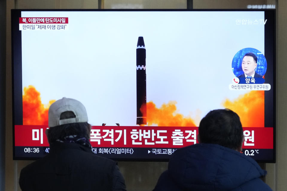 FILE - A TV screen shows a file image of North Korea's missile launch during a news program at the Seoul Railway Station in Seoul, South Korea, Monday, Feb. 20, 2023. North Korea clams its nuclear weapons are combat ready, but some foreign governments and experts remain skeptical about how close the North has come in obtaining functioning nuclear arsenals. (AP Photo/Ahn Young-joon, File)