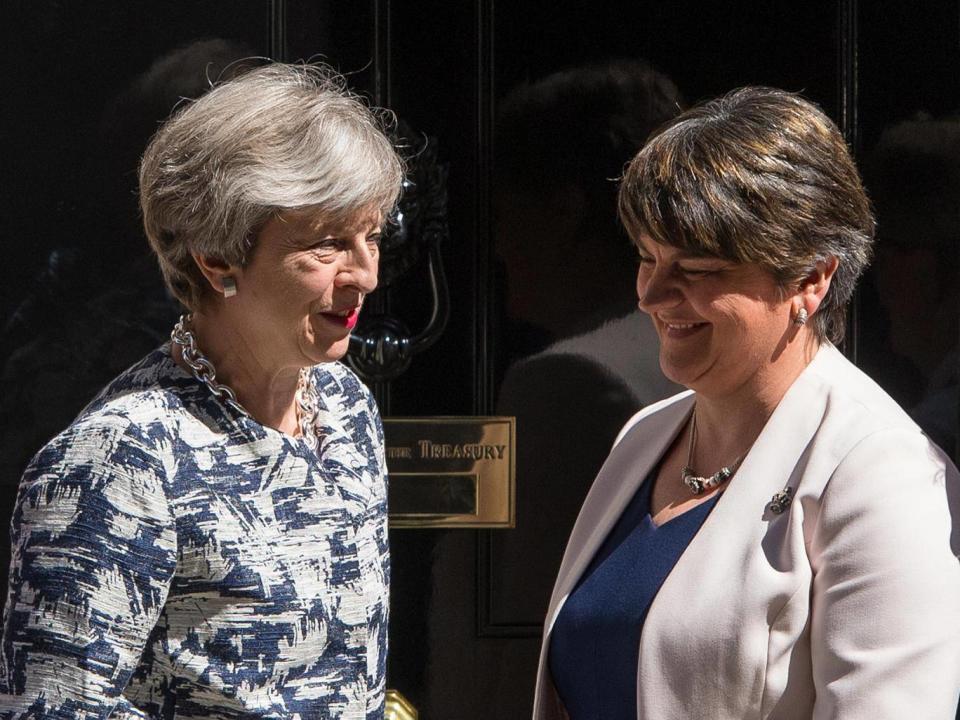 Theresa May relies on Arlene Foster’s DUP for her commons majority after losing it at the general election she called (PA Wire/PA Images)