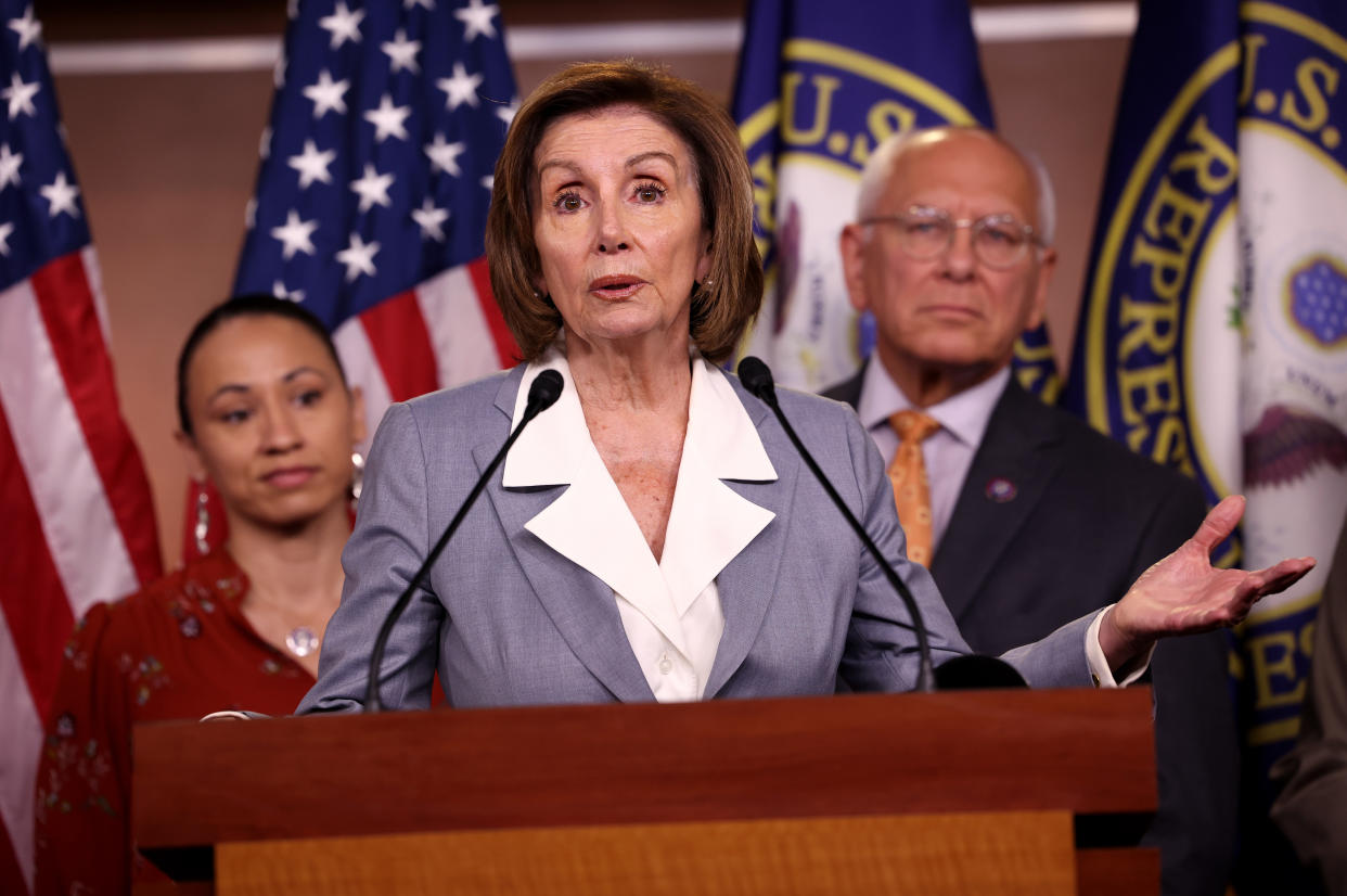 House Speaker Nancy Pelosi, D-Calif., speaks alongside Rep. Sharice Davids, D-Kans., and Rep. Paul Tonko, D-N.Y. at a press conference in Washington, D.C. on June 30, 2021. (Kevin Dietsch/Getty Images)