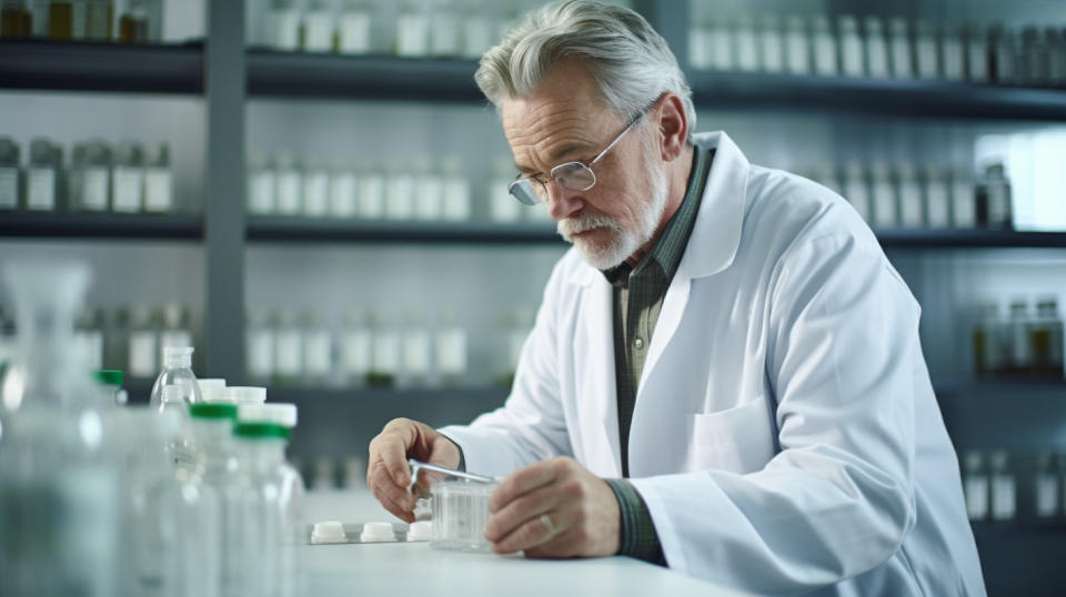 A pharmacist in a lab coat carefully analyzing a vial of medicine for its quality.