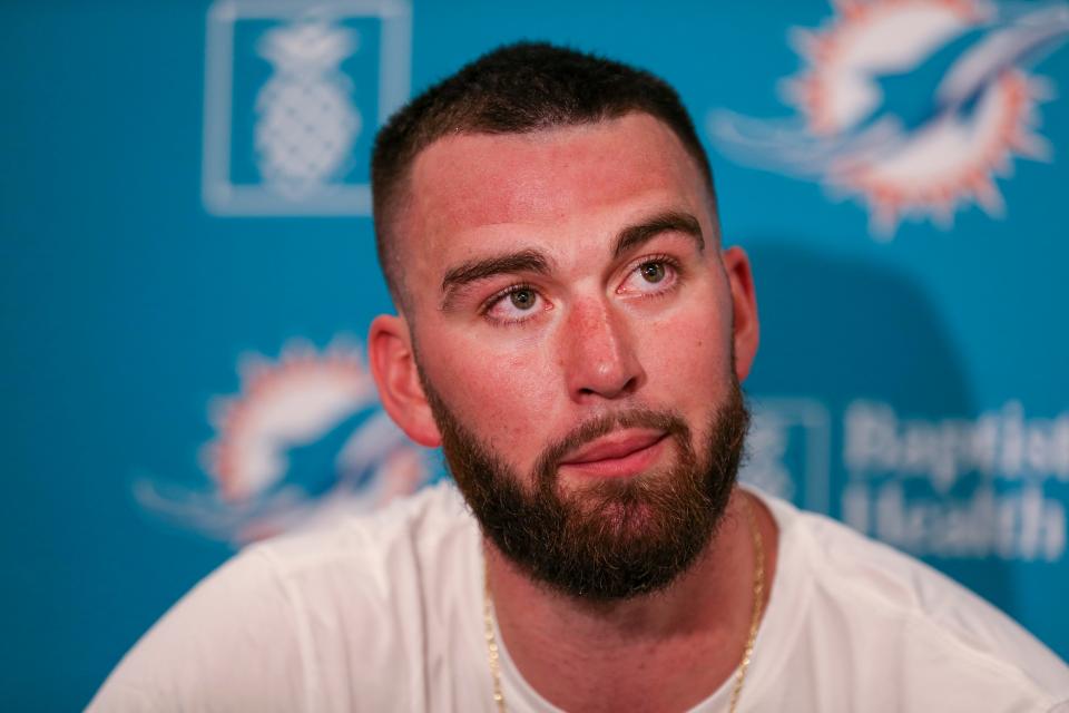 Skylar Thompson talks to the media during the Dolphins' rookie minicamp last May in Miami Gardens.