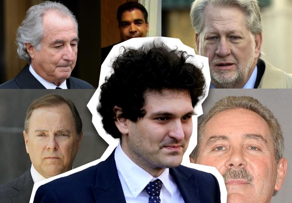 Sam Bankman-Fried’s sentence of 25 years puts him in the same league as other well-known financial fraudsters, including, clockwise from upper left, Bernie Madoff, Lawrence Duran, Bernie Ebbers, Allen Stanford and Jeffrey Skilling.
