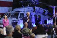 President Joe Biden speaks with service members and their relatives at the Norfolk Naval Station on Sunday, Nov. 19, 2023, in Norfolk, Va. President Biden is visiting naval installations in Virginia for an early kickoff to the Thanksgiving holiday week. (AP Photo/Manuel Balce Ceneta)