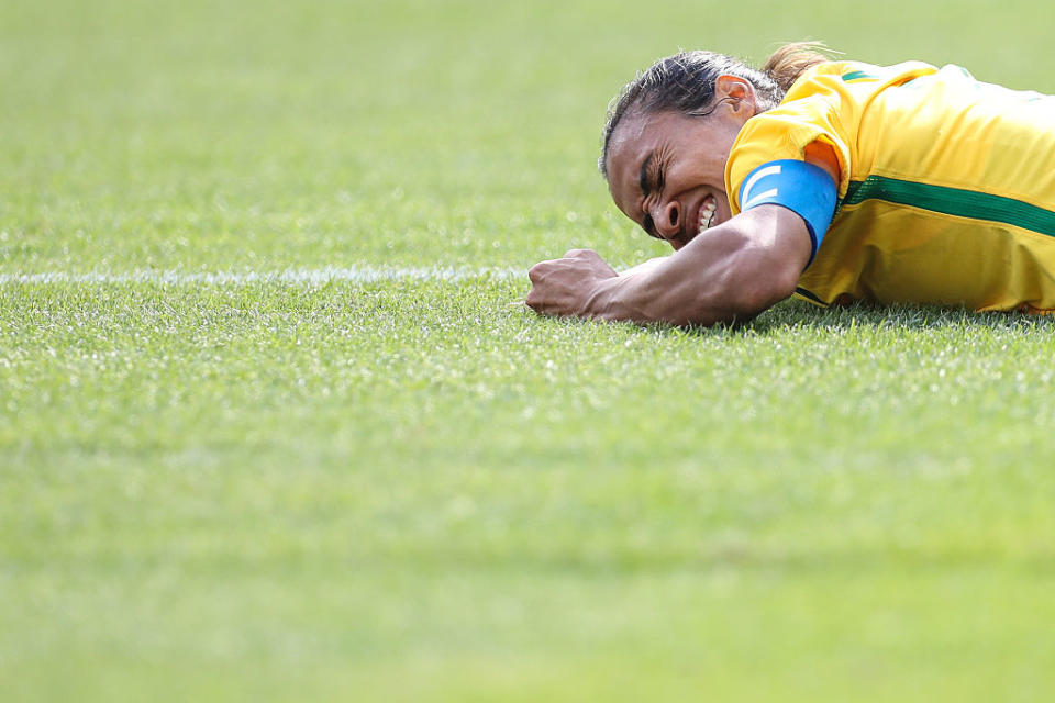 Marta of Brazil reacts after losing to Sweden in a semifinal. (Getty)