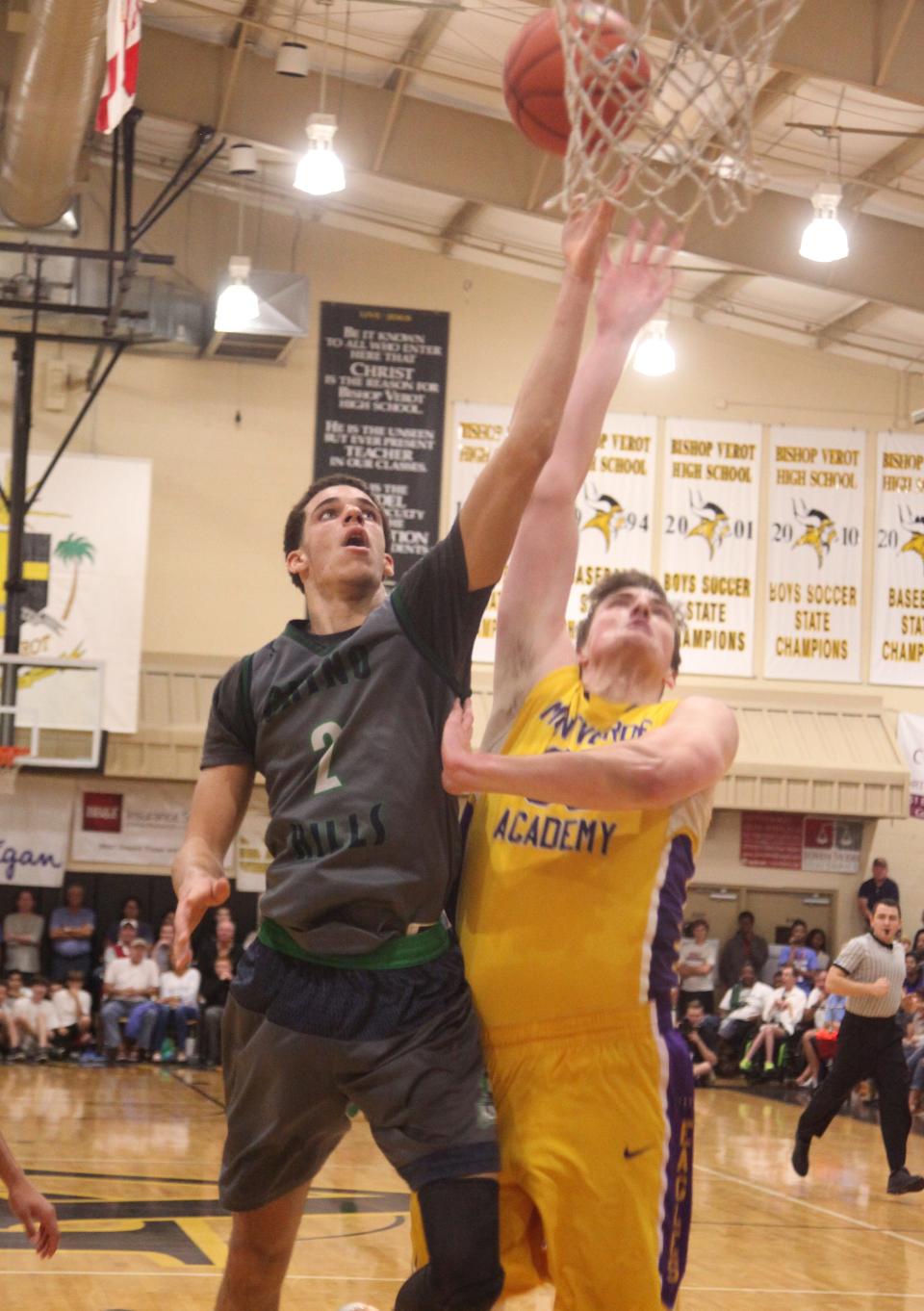 Chino Hills’ Lonzo Ball takes a shot under the defense of Motverde’s Micah Potter during the City of Palms quarterfinals on Monday night.