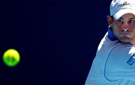 Andy Roddick of the U.S. hits a return to Robin Haase of the Netherlands during their match at the Australian Open tennis tournament in Melbourne January 21, 2011. REUTERS/Petar Kujundzic