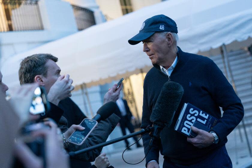 US President Joe Biden, right, speaks to members of the media on the South Lawn of the White House before boarding Marine One in Washington, DC, US, on Friday, March 1, 2024. Biden announced the US would begin airdropping humanitarian aid into Gaza, joining other nations in a bid to relieve increasingly dire conditions wrought by the Israel-Hamas war. Photographer: Chris Kleponis/CNP/Bloomberg via Getty Images