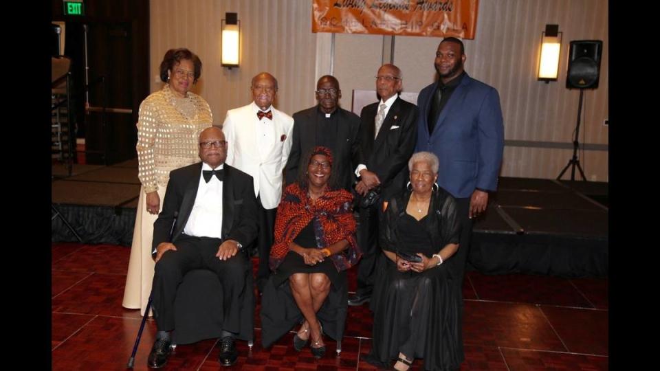 Booker T. Washington 2017 Living Legends: Standing, from left, Barbara J. Mason-Gardiner, Class of 1960; Roland C. Burroughs, Class of 1953; Father James McPhee, Class of 1955; A. Leo Adderly, Class of 1956; Antonio Dixon, Class of 2004. Seated, from left: James Campbell, Class of 1953; Patricia Worthy Oyeshiku, Class of 1960; and Jessie Monroe Robinson, Class of 1961. Photo provided by George Storr