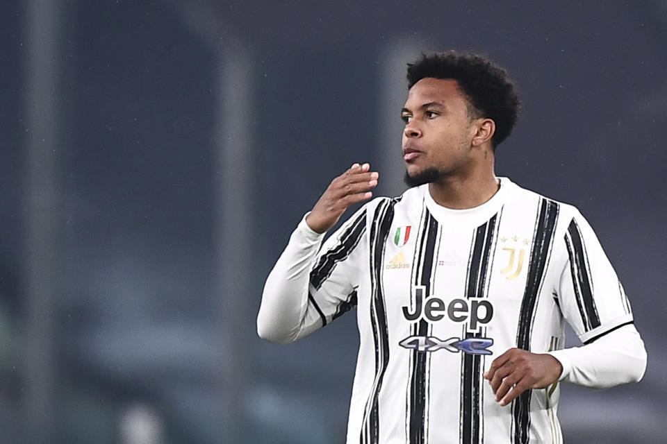 Juventus' Weston McKennie celebrates after scoring his side's opening goal during the Serie A soccer match between Juventus and Torino at the Allianz Stadium in Turin, Italy, Saturday, Dec. 5, 2020. (Fabio Ferrari/LaPresse via AP)