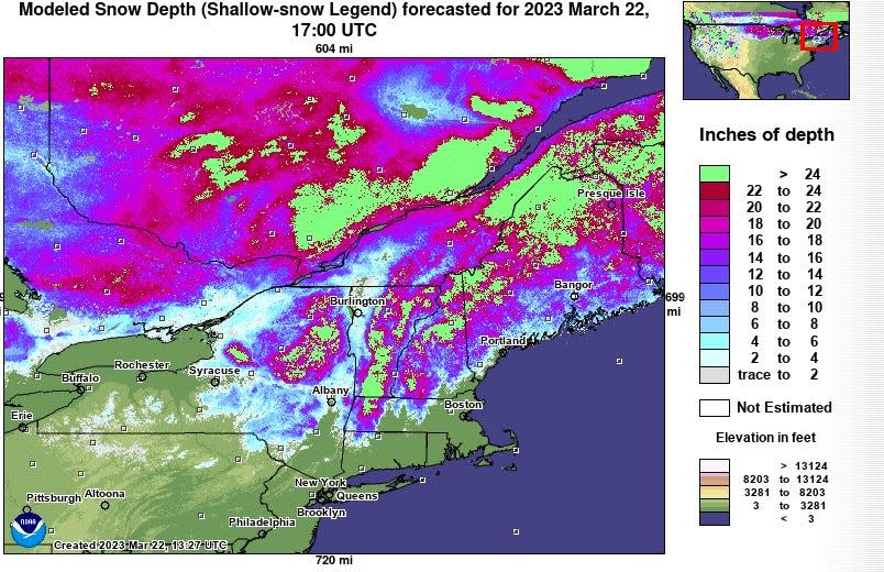 In case you're keeping track, here is the National Weather Service snow cover map for our region. Looks like you would have to drive about two hours from the Cape to see any white stuff on the ground.