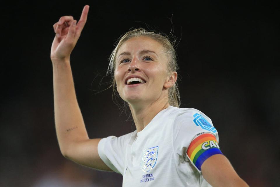 England's midfielder Leah Williamson celebrates after winning with her team at the end of the UEFA Women's Euro 2022 semi-final football match between England and Sweden (AFP via Getty Images)