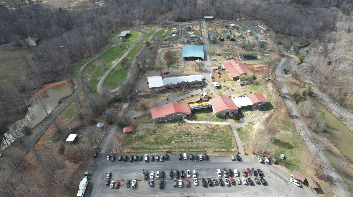 An aerial shot of Zootastic Park of Lake Norman at 448 Pilch Road in Troutman, about 35 miles north of Charlotte, in Iredell County. It’s up for sale. National Land Realty