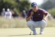 United States' Jordan Spieth lines up his putt on the 2nd green during the third round of the British Open Golf Championship at Royal St George's golf course Sandwich, England, Saturday, July 17, 2021. (AP Photo/Peter Morrison)