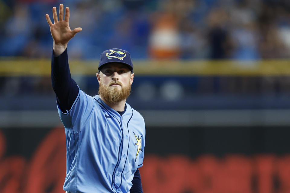 ST PETERSBURG, FLORIDA - AUGUST 14: Drew Rasmussen #57 of the Tampa Bay Rays reacts during the ninth inning against the Baltimore Orioles at Tropicana Field on August 14, 2022 in St Petersburg, Florida.  (Photo by Douglas P. DeFelice/Getty Images)