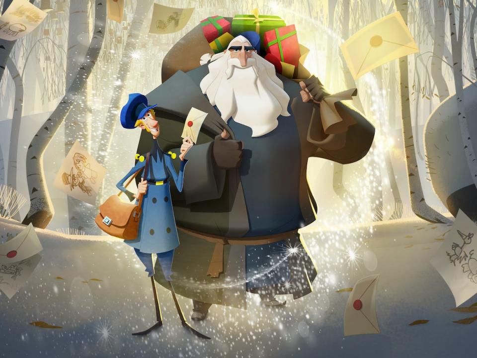 a skinny, shorter man, jesper, in a blue postmasters' uniform looking up at a mountain of a man, klaus, with a white beard, hefting a sack of wrapped presents