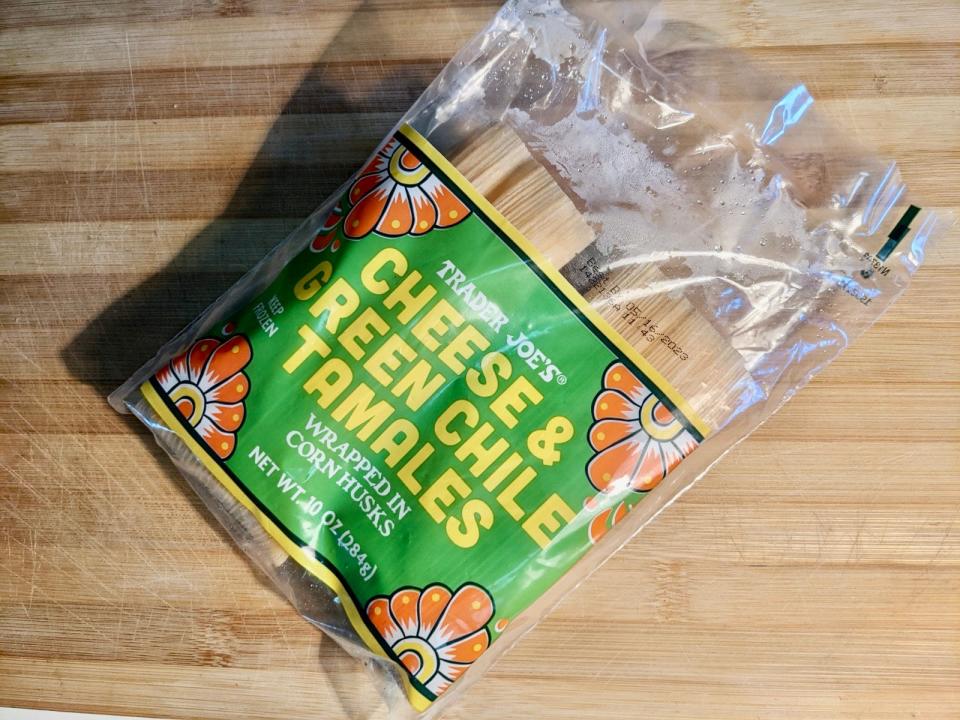 package of trader joe's frozen cheese and green chile tamales on a kitchen counter