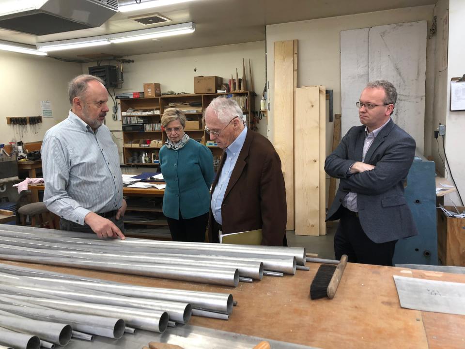 (L-R) Paul Fritts, owner of Paul Fritts & Co. Organ Builders, gave a tour in 2019 for Patricia Flowers, then-dean of the FSU College of Music, donor Charles Rockwood, and Iain Quinn, assistant professor of organ, at his Tacoma, Washington location where the Rockwood Organ will be built.