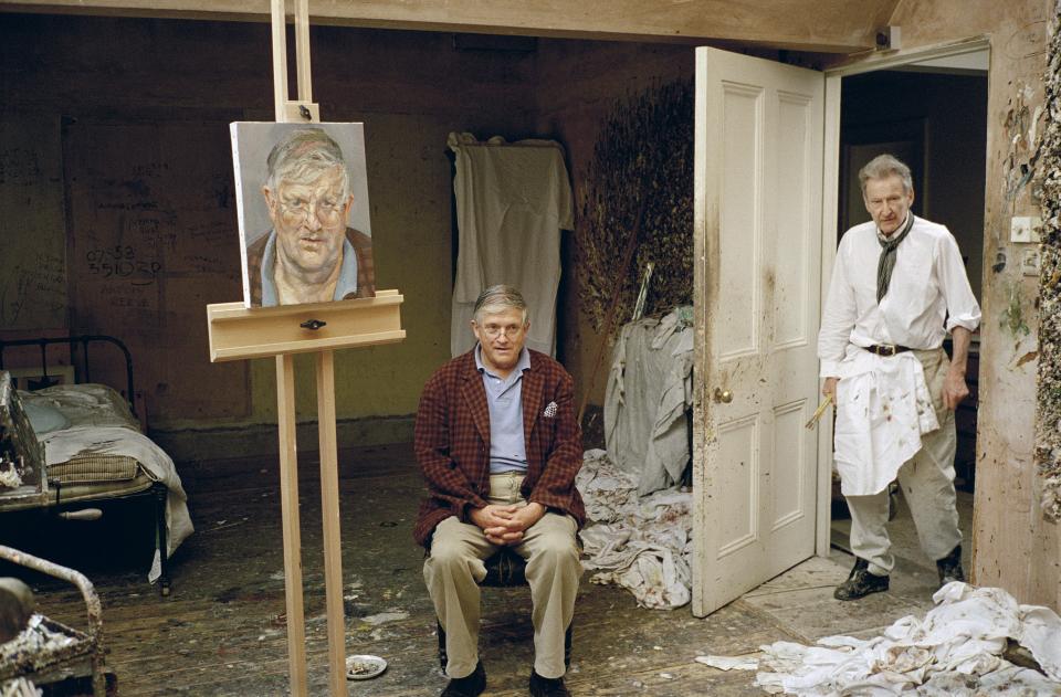 David Hockney with Lucian Freud and Freud’s portrait of his fellow painter (Bridgeman Images)