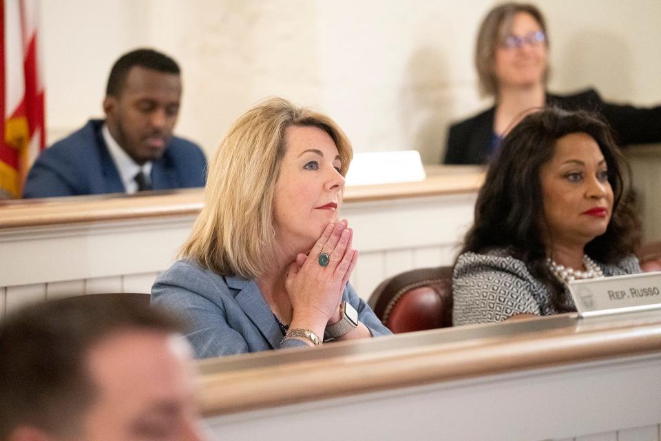 April 19, 2023; Upper Arlington, OH, United States;  Ohio House Minority Leader Allison Russo listens testimony on issue 1 at the state house.