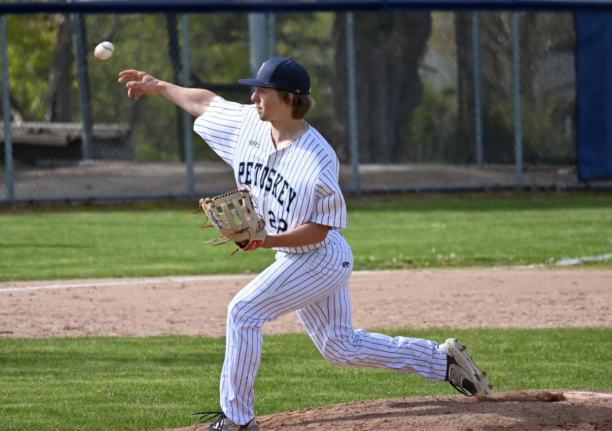 Petoskey pitcher Kam Horn works on the mound during the opener of Thursday's meeting against Boyne City.