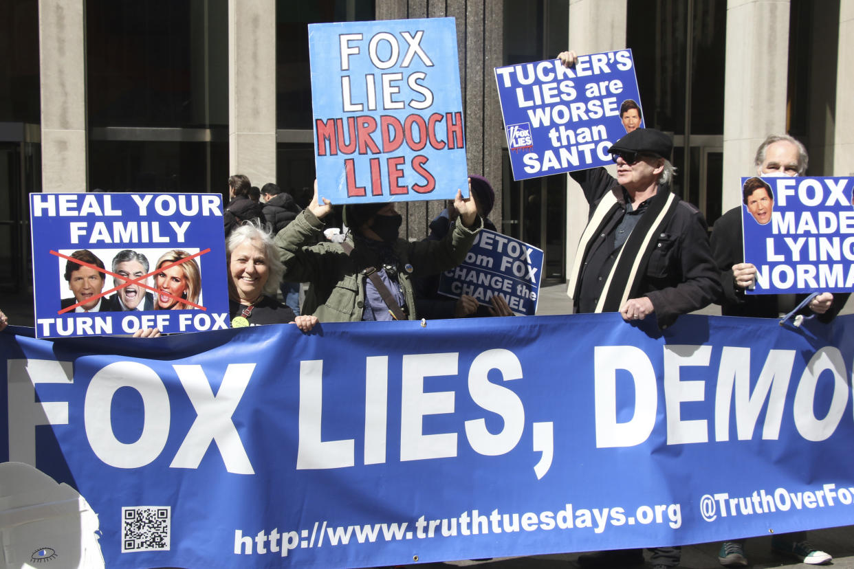 Anti-Fox News protestors seen outside FOX Plaza in New York City on March 21, 2023. (RW/MediaPunch /IPX)
