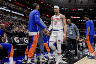 New York Knicks' Josh Hart (3) walks off the court after being ejected from the game against the Chicago Bulls during the first quarter of an NBA basketball game in Chicago, Friday, April 5, 2024. (AP Photo/Mark Black)