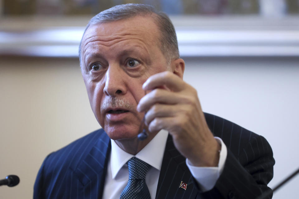 Turkey's President Recep Tayyip Erdogan speaks during a press conference after official talks with the members of Bosnian presidency in Sarajevo, Bosnia, Tuesday, Sept. 6, 2022. (AP Photo/Armin Durgut)