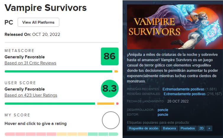 Vampire Survivors fue uno de los mejores juegos de 2022