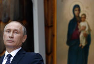 <p>Russian President Vladimir Putin speaks during a ceremony at a Russian Chapel in Kranjska Gora, Slovenia, July 30, 2016. Slovenia, which has joined sanctions against Russia for its annexation of Crimea and meddling in Ukraine, has been very careful to portray Putin’s visit on Saturday as strictly informal and not against the EU policies. (Photo: Darko Vojinovic) </p>