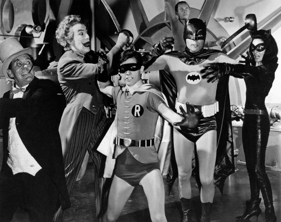 Burgess Meredith, Cesar Romero, Burt Ward, Adam West and Julie Newmar in ‘Batman,’ 1966