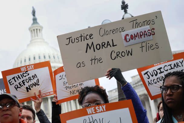 PHOTO: Activists attend a press conference on Supreme Court ethics reform outside of the U.S. Capitol, May 2, 2023, in Washington, D.C. (Kevin Dietsch/Getty Images)